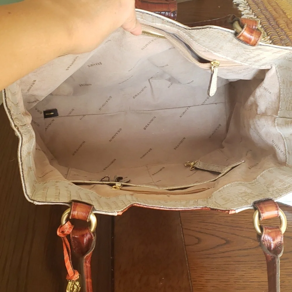 Brahmin Cream Tote with Brown Croc-Embossed Trim